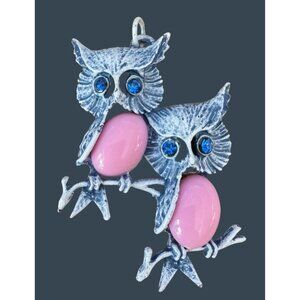 Vintage Blue  Enamel Owl Pendant Pink Belly Blue Rhinestone Eyes Metalwork